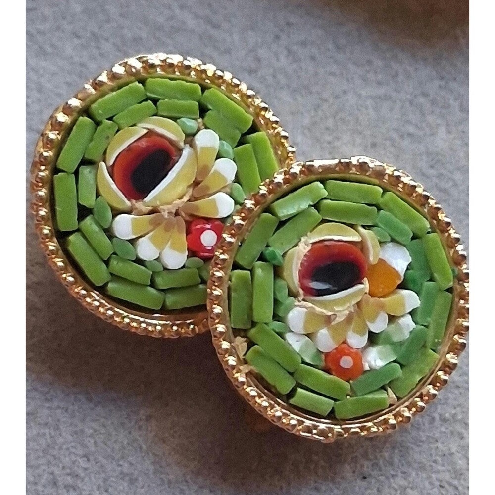 Italian micro mosaic round gold tone clip on earrings lime green floral design